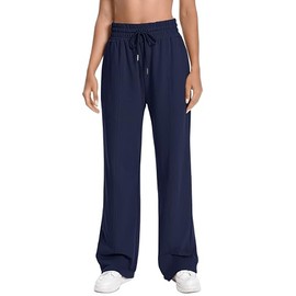 NOIGEFAY Cotton Elastic Waist Loose Drawstring Tall Straight Leg Baggy Sweatpants, High-Waisted Side Pockets Lounge Casual Plus Size Pants for Curvy Women, Navyblue M