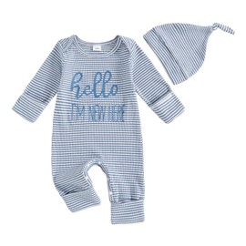 mlpeerw Newborn Baby Boy Clothes Letter Print Romper Long Sleeve Jumpsuit And Hat Coming Home Outfit Infant Fall Clothes (Hello,I'm New Here Blue, Newborn)