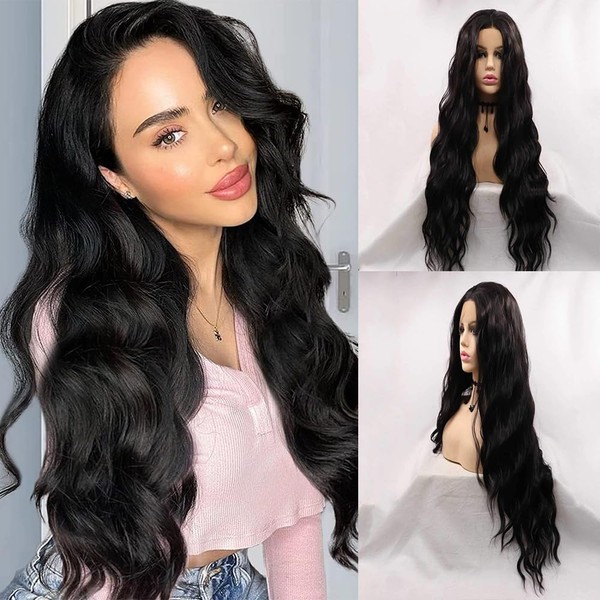 Xiweiya Lace Front Wig Black Straight Wavy Long Curly Black Lace Front Wig Natural Hairline Heat Resistant Fiber Replacement Wigs for Women 24 Inch