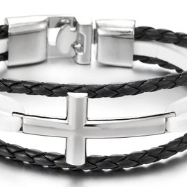 COOLSTEELANDBEYOND Horizontal Sideway Lateral Cross Three-Row Black and White Braided Leather Bangle Bracelet