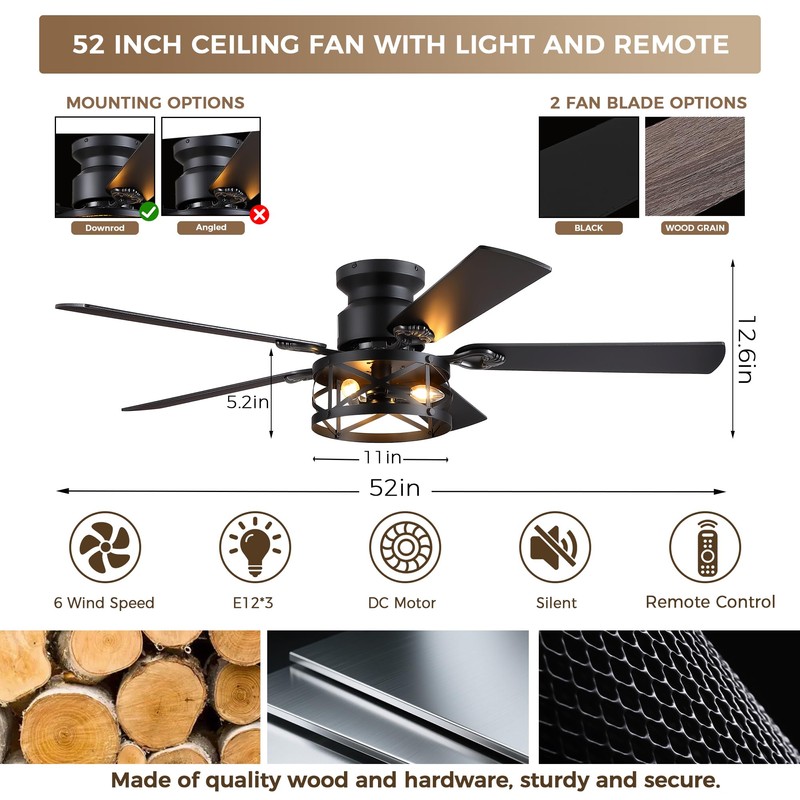 JSAITEE 52in Flush Mount Farmhouse Ceiling Fan with Lights, Caged