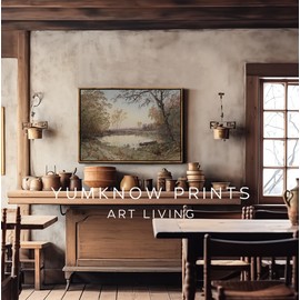 Framed Canvas Wall Art for Bedroom - Large Oversize 24x36 Ready to Hang Living Room- Vintage Farmhouse French Country Room Decor - Watercolor Fall Autumn Lake Cottagecore Landscape - Neutral Office