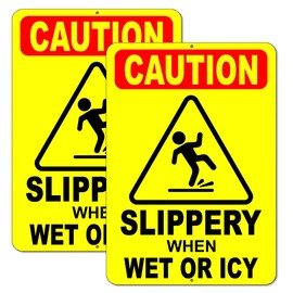 2 PC Caution Slippery When Wet or Icy Signs - 10x7 Aluminum Caution Wet Floor Sign - Caution Signs Wet Floor Signs - Slippery When Wet Sign