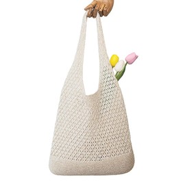 KEWUF Strandtasche Damen, gehäkelte Mesh Strand Tote Bag, Damen Gestrickte Umhängetasche, Häkeltasche für den Sommer, Beach Bags For Women, Groß Umhängetasche für Urlaub Reisen Strand Sommer - Weiß