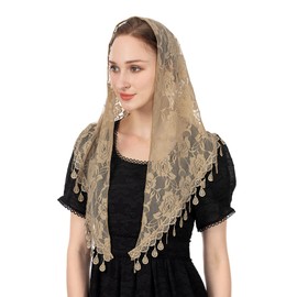Wgior Triangle Veil for Church Lace Chapel Veil Catholic Mass Head Covering Scarf Mantilla for Women (Beige)