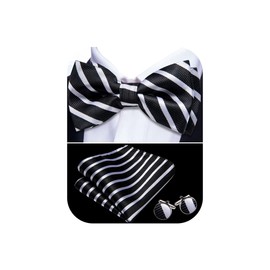 YOHOWA Black White Bow Tie Set Men Striped Adjustable Silk Pre-Tied Bowtie Handkerchief Cufflinks Formal Wedding Party Prom