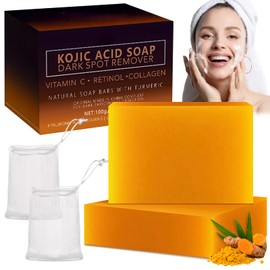 2PCS Turmeric Soap Bar, Kojic Acid Soap, Natural Handmade Bar for Body & Face, Remove Acne Blackheads Dark Spot, Even Skin Tone, Moisturizing Vitamins C Soap for Deep Cleansing, with Foaming Nets