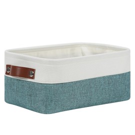 DULLEMELO Small Storage Bin,Small Fabric Rectangular Storage Basket for Shelves,Foldable Bin with Handles for Toy and Clothes Storage (White&Dark Green,1 PACK)