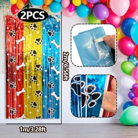2 Pack Paw Birthday Party Decorations Foil Fringe Curtains Backdrop, 3.28 x 6.56 Ft Red Gold Blue Foil Fringe Curtains Tinsel Streamer Photo Booth Props Dog Lets Pawty Birthday Party Supplies Favors