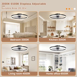 VOLISUN Low Profile Ceiling Fans with Light and Remote,23.6in Fandelier Ceiling Fan with Lights, 3000K-6500K Dimmable Flush Mount LED Fan Light, Black Bladeless Ceiling Fans with Lights for Bedroom