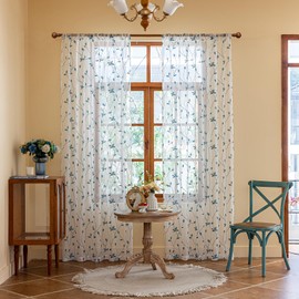 AmHoo 2 Panels Embroidered Leaf Pattern Semi Sheer Curtains Foliage Floral Voile Window Draperies Treatment for Bedroom Living Room Rod Pocket White Teal 53 x 63 Inch