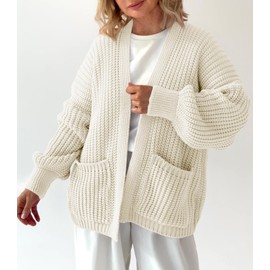 Saodimallsu Womens Oversized Cardigan Ribbed Chunky Knit Long Lantern Sleeve Open Front Fall Sweater Coats White
