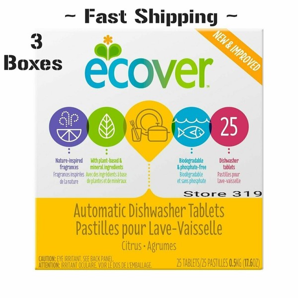 3 Ecover Automatic Dishwasher Soap Tablets, Citrus, 25 Count (75 Total)