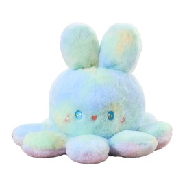 Reversible Octopus Doll Gradient Color Cute Bunny Ear Octopus Plush Toy Double Sided Stuffed Animal Green Purple 35cm/13.8in