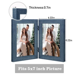 Frametory, 5x7 Double Picture Frame - Real Glass Hinged 2 Photos Collage, Desktop Picture Frame Standing Vertical (Blue, 1 Pack)