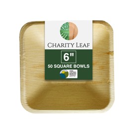 Charity Leaf Disposable Palm Leaf 6" Square Bowl (50 pcs) Dipping Bowls | Bamboo Like| All Natural and Biodegradable | Charcuterie Boards, BBQs, and Parties