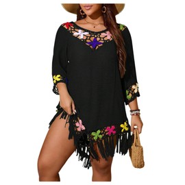 Verdusa Women's Plus Size Boho Hollow Out Floral Fringe Beach Cover Up Dress 3/4 Sleeve Tunic Dress, Black, XX-Large Plus