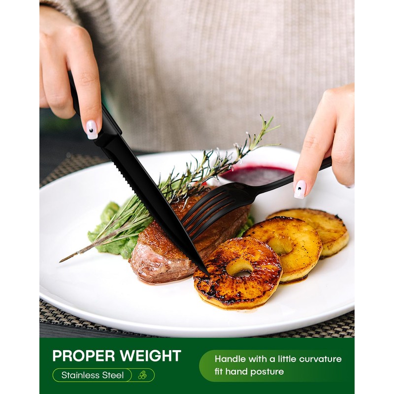 PHILIPALA 24-Piece Black Silverware Set with Steak Knives Food-Grade Stainless