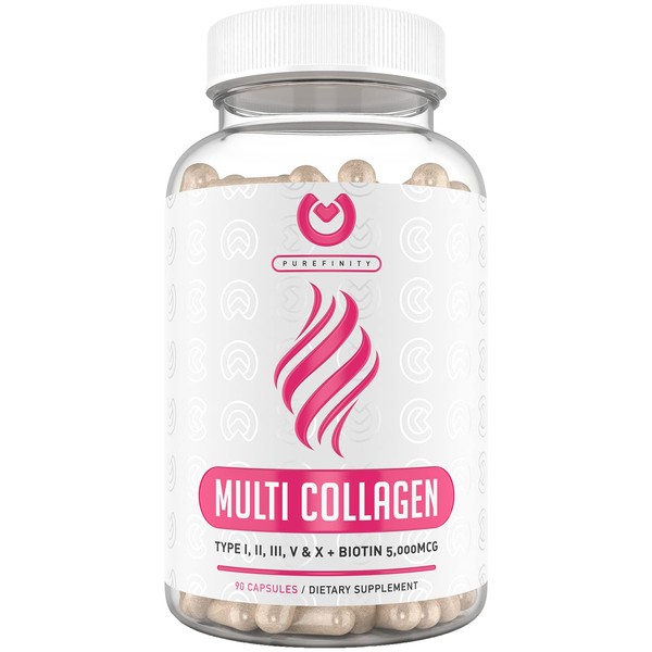 PUREFINITY Collagen Peptides Pills - Types I,II,III,V & X with Biotin & Hyaluronic Acid – Supports Anti-Aging, Healthy Hair, Skin, Bones & Nails - Keto & Paleo Friendly Hydrolyzed Protein – 90ct.