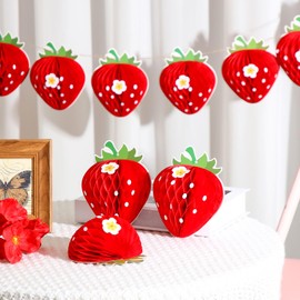Humyoun 2 Pcs Berry First Birthday Decor, Strawberry Birthday Garland Banners (2 String x 6.5ft) 3D Tissue Paper Honeycomb Hanging Garland DIY Berry Banner for Baby Shower Strawberry Party Supplies