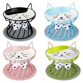 4 Pcs Elevated Cat Food Bowls, Ceramic Cat Food Bowls with Stand Raised Cat Bowl for Indoor Cat, Food and Water Dishes Puppies, with Non-Slip Mat, Cat Bowl Whisker Friendly, Dishwasher Safe