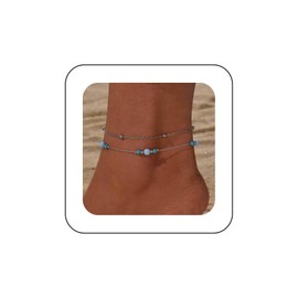 Vacaonio Boho Layered Bead Anklet Silver Seed Bead Anklet Foot Chain Blue Rice Bead Anklet Bracelet Adjustable Ball Chain Anklet Summer Beach Anklet Jewelry for Women