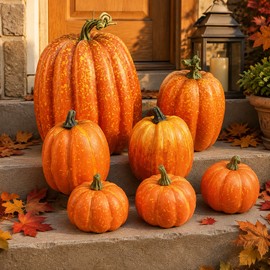 7pcs Artificial Pumpkin Decor for Autumn - Orange Foam Pumpkin Set for Halloween, Thanksgiving, Yard and Table Decorations