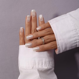 KQueenest Chrome Press On Nails Short Medium Square, Glitter White Press on Nails Summer, Glazed Sparkly Fake Nails With Glue, Shiny Soft Gel Reusable Glue on Nails for Women Weddings in 24 Pcs