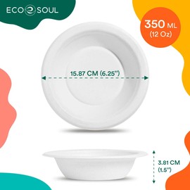 ECO SOUL Pearl White 12 Oz [100-Pack] Bagasse Paper Bowls (PFAS Free) | Biodegradable 100% Compostable | Microwavable | Hot & Cold Safe | Small Servings | Eco-Friendly Disposable Heavy Duty Bowls