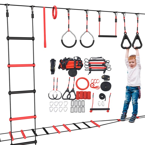 Hapfan 50ft Obstacle Warrior Course for Kids Slackline Monkey Bars
