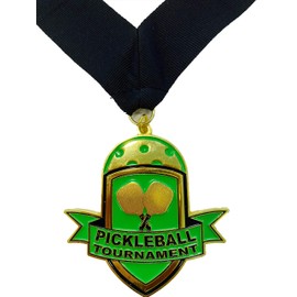 Pickleball Medal - Gold - 3' Pickleball Medal Award with Free V Shaped Ribbon, One Size