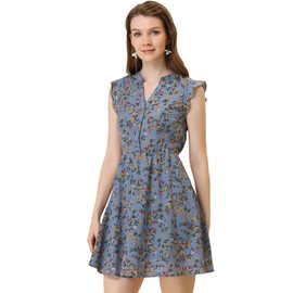 Allegra K Women's V Neck Flutter Sleeve Ruffle A-Line Flowy Chiffon Dress Large Grey Blue