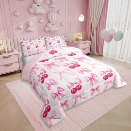 Erosebridal Pink Plaid Bow Bedding Comforter Sets Queen Cute Bowknot Comforter Set Girls Grids Ribbon Bow Cherry Bedding Set Kawaii Watercolor Duvet Insert for Kids Teen Women Room Decor 3 Pcs