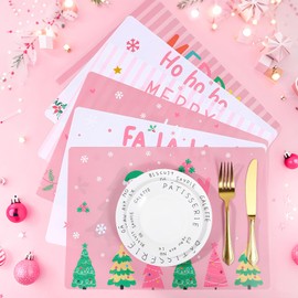 Gandeer Set of 6 Christmas Placemats 17 x 12'' Xmas Place Mats Nutcracker Placemats Plastic Washable Pink Table Mats Christmas Table Decor for Holiday Dining Home Kitchen Party Gift