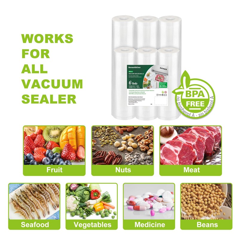 Bonsenkitchen Vacuum Sealer Rolls Bags, 6 Pack 3 Rolls 11"