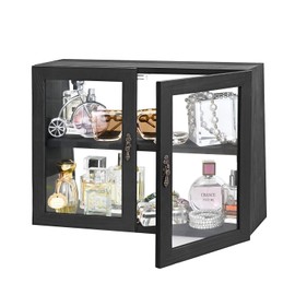 MOOCA Tempered-Glass Wood Display Case with Double Doors, Adjustable 2-Level Collection Display Case for Mini Funko Pop Figures, Bakery Pastry Container, Jewelry Organizer Storage, Black Color