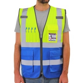 Dib Safety Reflective Vest High Visibility with Pockets and Zipper, Yellow and Blue S