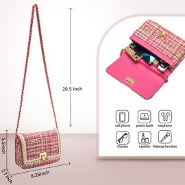 DFJXXX Shoulder Bag Chain Purse for Women, Fashion Clutch Crossbody Bag Retro Tweed Pearl Underarm Bag Square Satchel Handbag (Pink)