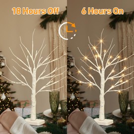 EAMBRITE Birch Tree with Led Lights, White Christmas Tree Decorations Indoor with Timer, Lighted Mini Small Artificial Lamp Prelit Twig Tree Battery Operated for Table Centerpiece Home Party Decor