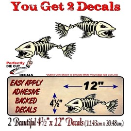 2 Skeleton Fish 12" Vinyl Sticker Decals for Fishing Boat Tacklebox Lures Crankbait Ice Shack Decal Stickers (2 Decals - 4.5"x 12")