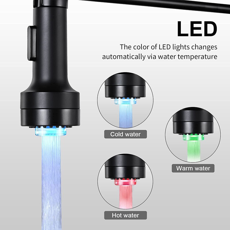 DJS Kitchen Faucets with Pull Down Sprayer LED Light Single