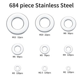 684 Pcs Stainless Steel Flat Washers, 9 Sizes Metal Washers Hardware Assortment Set, M2 M2.5 M3 M4 M5 M6 M8 M10 for Home Automotive Shop Factories Repair Construction Washers