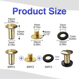 SHSMPXOY 80 Sets Chicago Book Screws Stainless Steel M5 x 10 mm Chicago Screws Bookbinding Screws Screw Rivets for Leather, Bags, Books, Collars, Backpacks, Dog Leads (Gold)