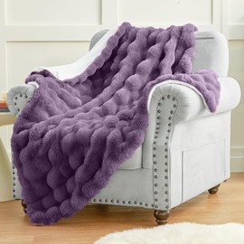 Plush & Plaid Faux Fur Throw Blanket for Couch Sofa, Fuzzy Soft Thick Bubble Blanket for Bedroom Living Room, 50 by 60 inches, Purple