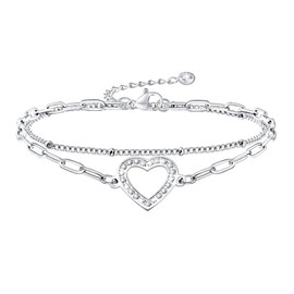 Women's Silver Bracelet Heart – Stainless Steel Bracelet Heart Bracelets, Adjustable 16 + 5 cm, Love Gift for Women Girls, Gifts Best Friend Mum for Mother's Day Birthday, Stainless Steel, No gemstone