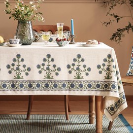 patdrea Designer Blue Tablecloth for Rectangle Tables,Vintage Linen with Leaves and Flowers Pattern Tablecloths,Farmhouse Floral Table Cover Cloth Decor for Kitchen Dining Christmas,63"*94"