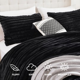 Smoofy Fluffy King Size Comforter Set 3 Pieces - Black Fleece Fluffy Comforter King Size, Luxury Fuzzy King Bedding Set, Soft &Warm King Size Bed Set All Season, Heavy Bedding King with 2 Pillow Cases