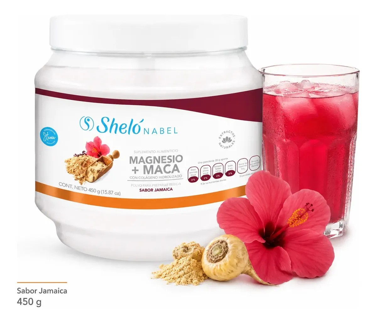 Colágeno Hidrolizado con Maca y Magnesio Sabor Jamaica 450g Sheló Nabel Suplemento Alimenticio