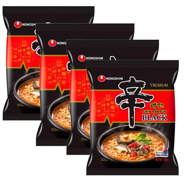 Nong Shim SHIN BLACK Ramyun Korean Premium Spicy Ramen Noodles 130g (Pack of 4) HALAL