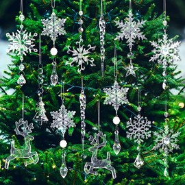 18pcs Crystal Christmas Tree Ornaments, Hanging Acrylic Snowflake Icicle Ornaments with Drop Pendants